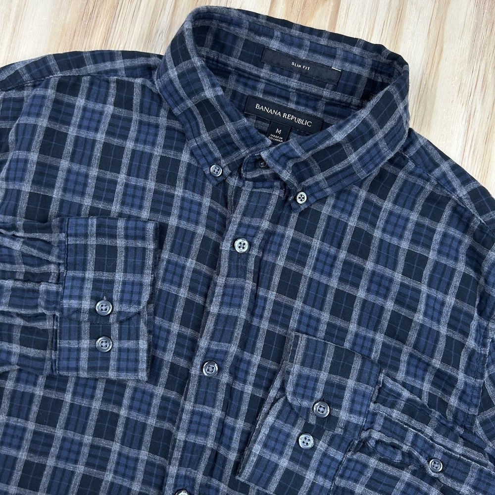 Banana Republic‎ Men's Plaid Blue Gray Button Shirt Long Sleeve M Slim Preppy